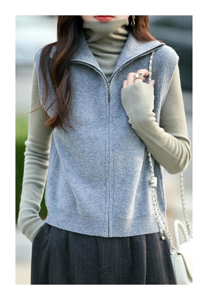 Women's 100% Pure Wool Sleeveless Cardigan Vest - Autumn/Winter Lapel Zipper, Loose & Slimming Knit Sweater
