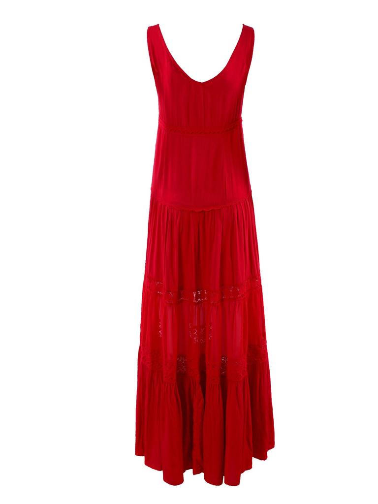 Women's V-Neck Red Dress for Travel and Vacation: Beach, Desert, and Grassland Style (F2105)