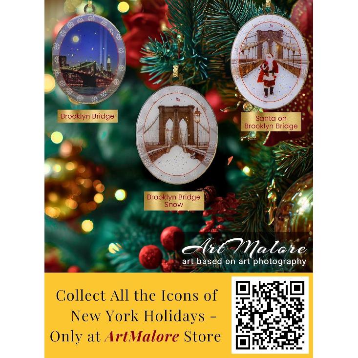Brooklyn Bridge Snow New York Ornament - NYC Holiday Collectible, Double-Sided Brass with Glitter and Epoxy, Gift-Boxed, 2.5 x 3 Inch by ArtMalore