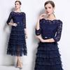 Solid Patchwork Embroidery Cascarding Ruffles Long Dress for Women Slash Neck Lace Hollow Out Office Work Dress Female Clothing