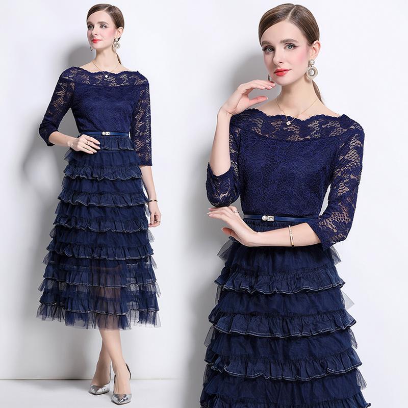 Solid Patchwork Embroidery Cascarding Ruffles Long Dress for Women Slash Neck Lace Hollow Out Office Work Dress Female Clothing