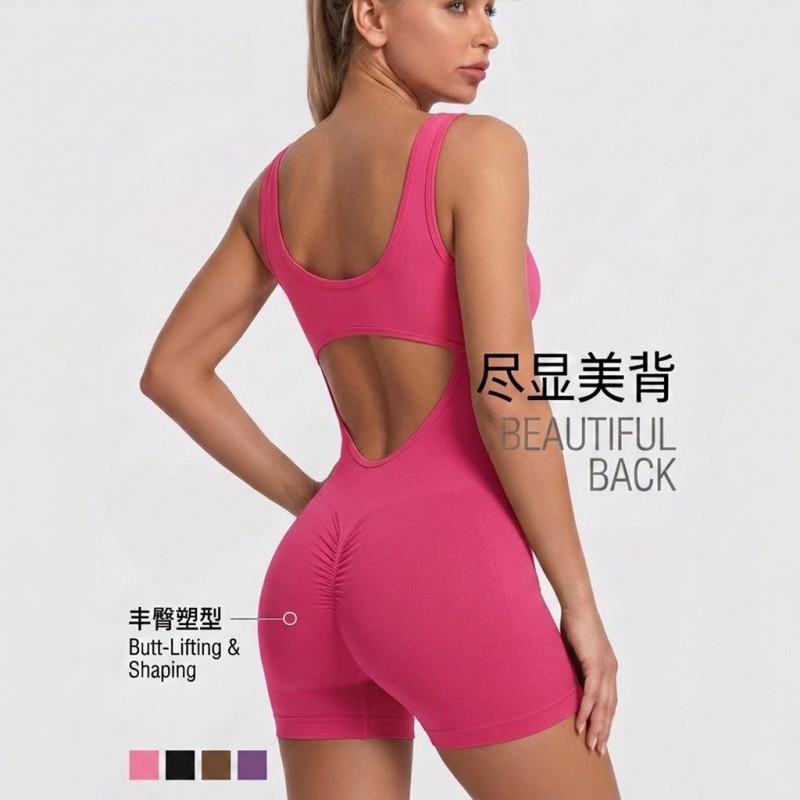 Womens Sleeveless Yoga Jumpsuit With Built-in Bra Pad Tummy Control Ruched Back Sports Fitness Wear