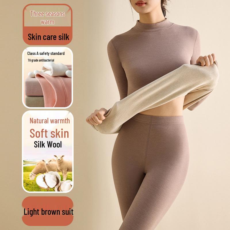 Women's Wool Silk Thermal Set: Warm Stand Collar Top & Trousers - Heat-Generating, Skin-Friendly Base Layer for Autumn/Winter.