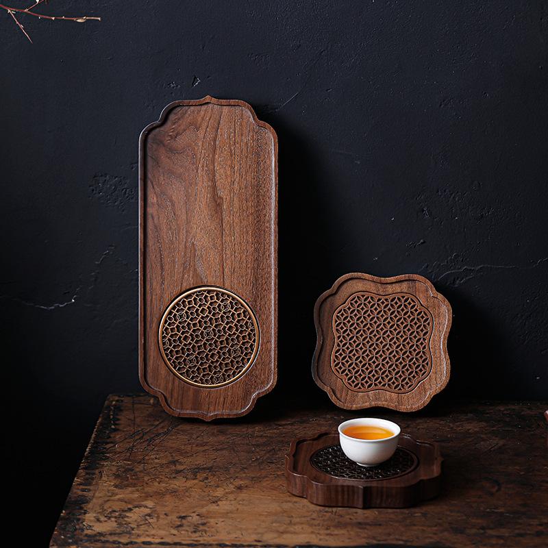 Traditionelles Nussbaum-Tee-Tablett Teekanne Teetasse Massivholz-Tablettmatte Büro Kaffeetassen-Tabletts Heim Teezeremonie-Zubehör