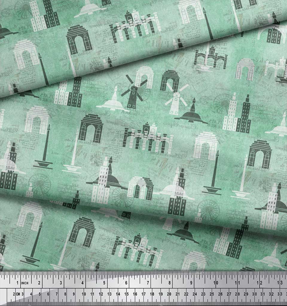 Soimoi Purple Japan Crepe Satin Fabric Text & Monuments Architectural Print Sewing Fabric Metre 42 Inch