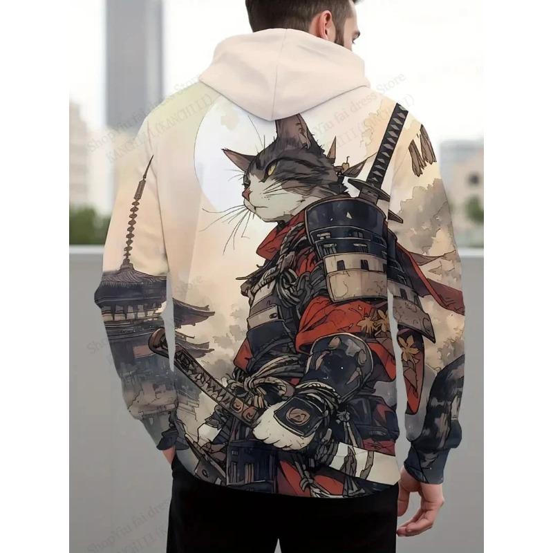 3D Print Men's Samurai Cat Graphic Hoodies Fashion Oversized Hoodie Sweatshirt Coat Mens Sport Tracksuit Sudaderas
