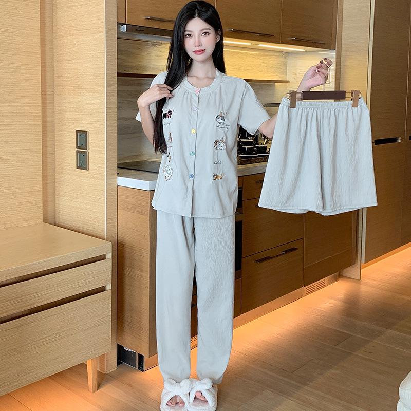 Women s 3-Piece Summer Pajama Set: Short Sleeve, Shorts, Cardigan, Cartoon Print, Cloud Cotton, Round Neck M-L