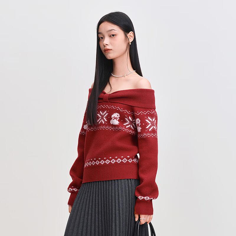 LEDIN Fair Isle Bow Collar Red Knit Sweater
