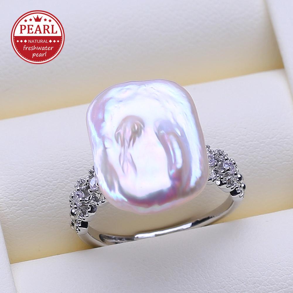 

LSOOYH Freshwater Big Baroque Pearl Rings For Women Classic Silver Color Party Ring Anniversary Birthday Gifts adjustable белый