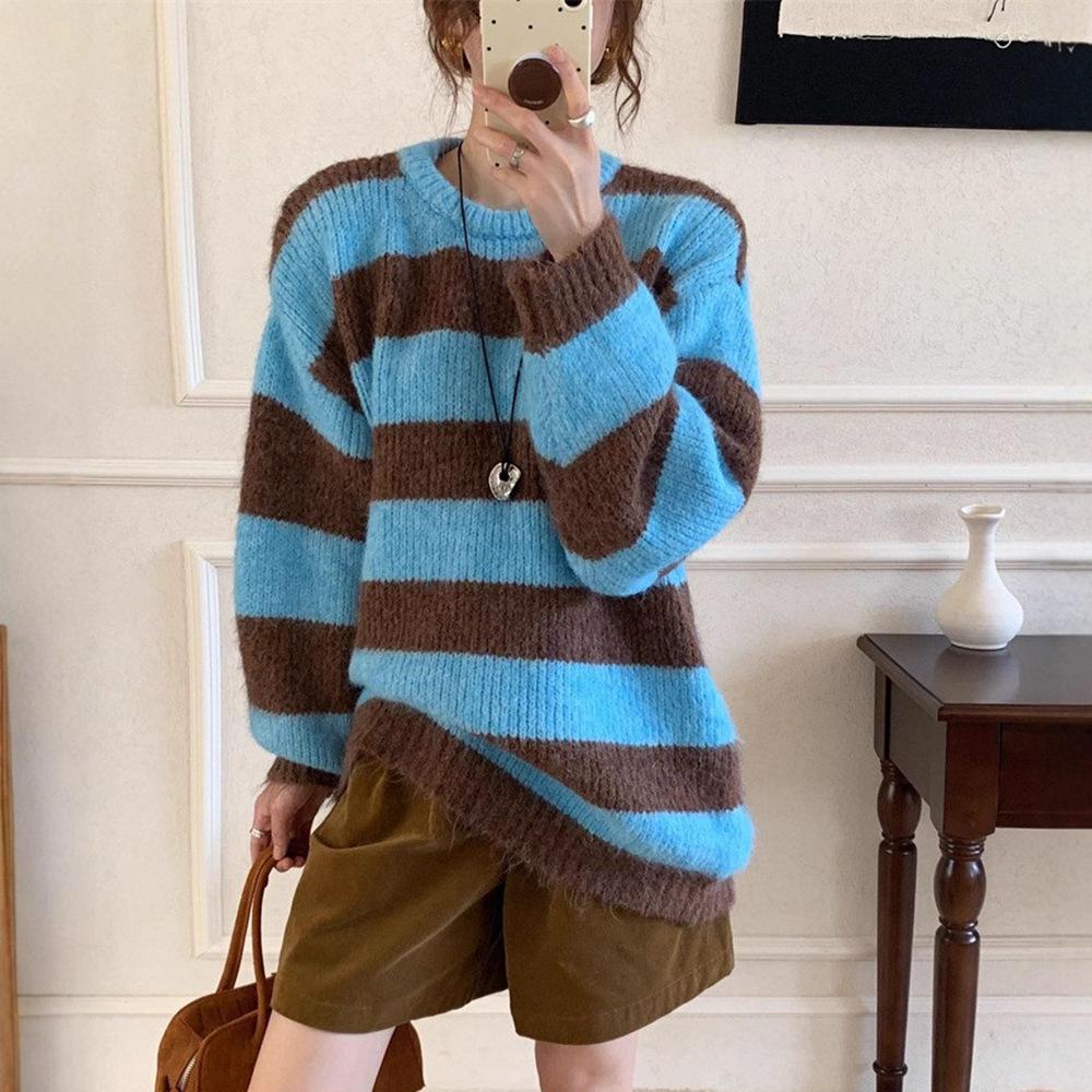 Contrasting color striped pullover sweater women's autumn and winter new loose lazy style casual soft waxy knitted sweater top women