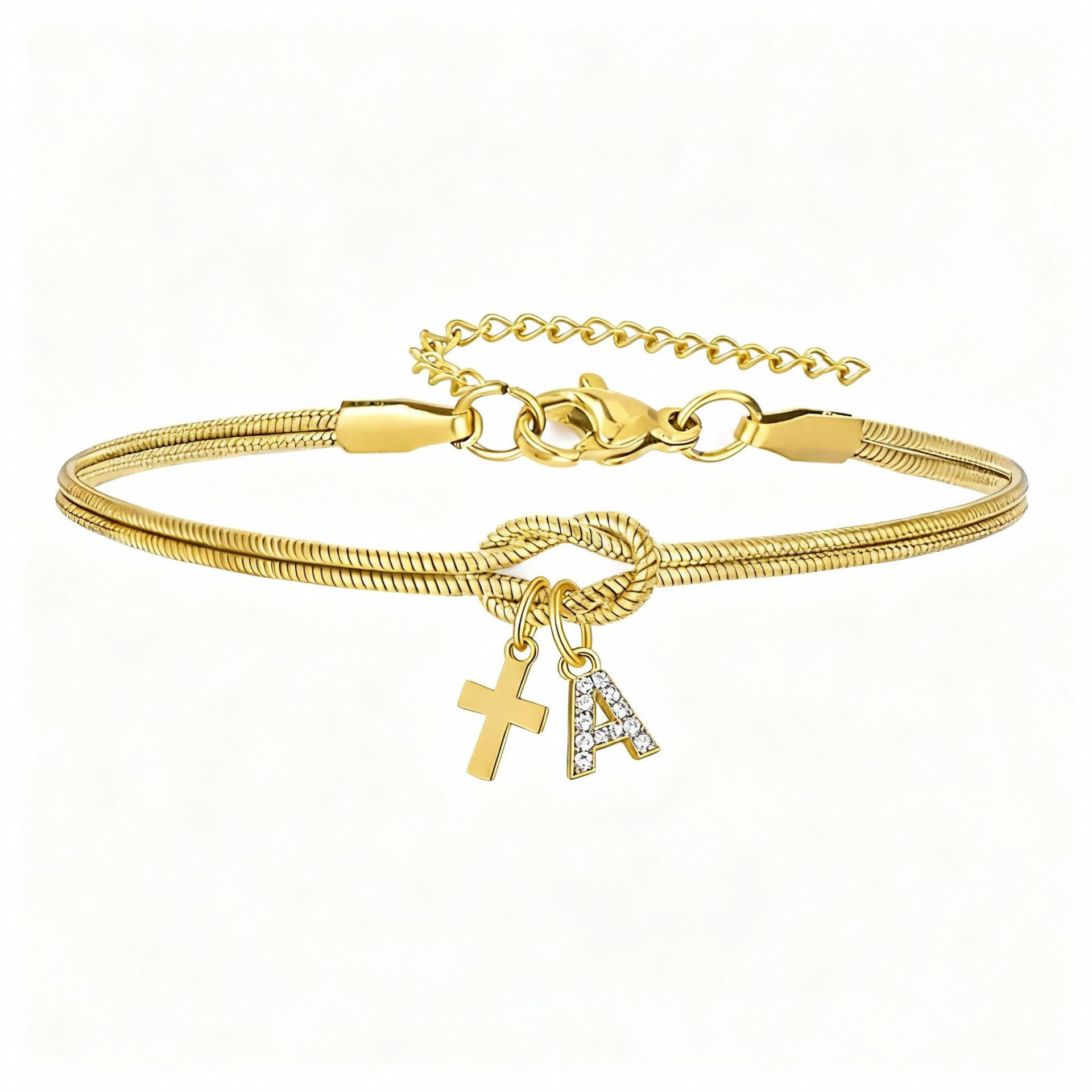 Double Knot Round Snake Bone Bracelet with Diamond 26 Letters Cross Pendant Charm Jewelry