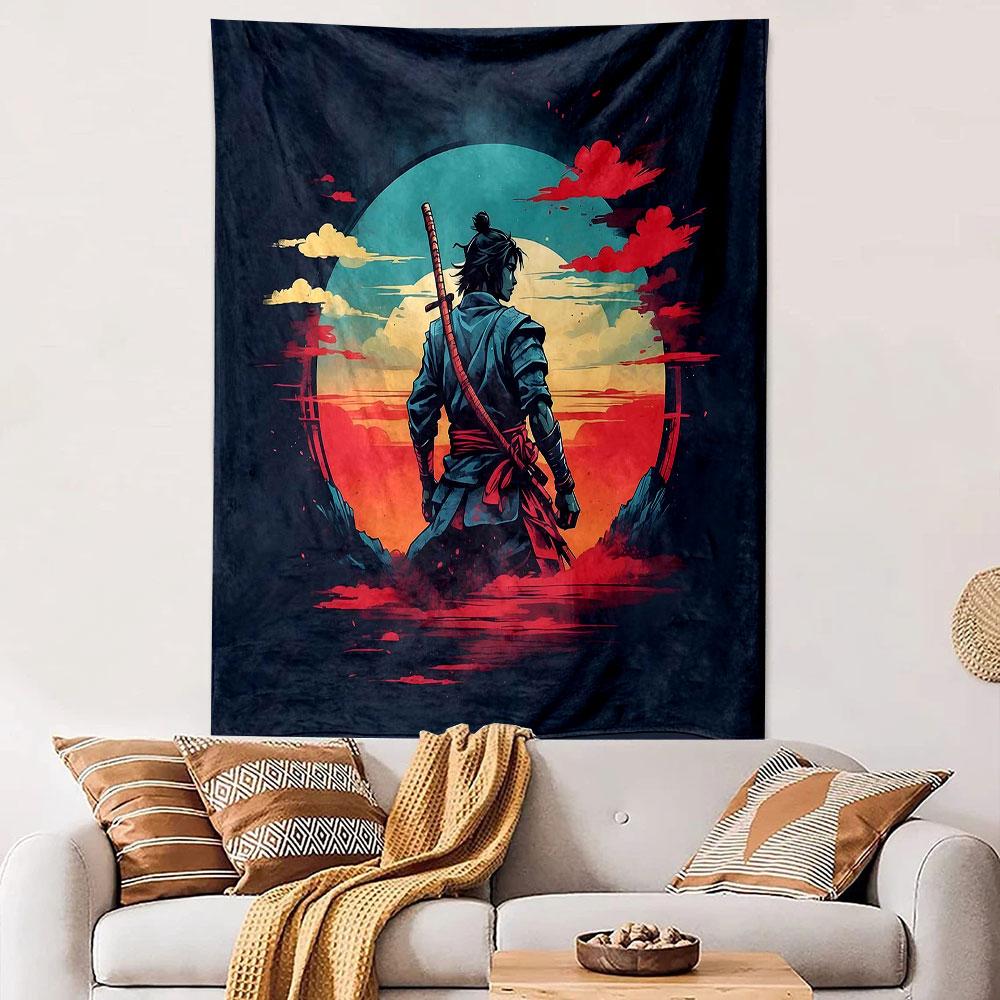 Samurai Warrior at Sunset Patterned Tapestry Decorative Wall Hanging, Home Bedroom Living Room Decor