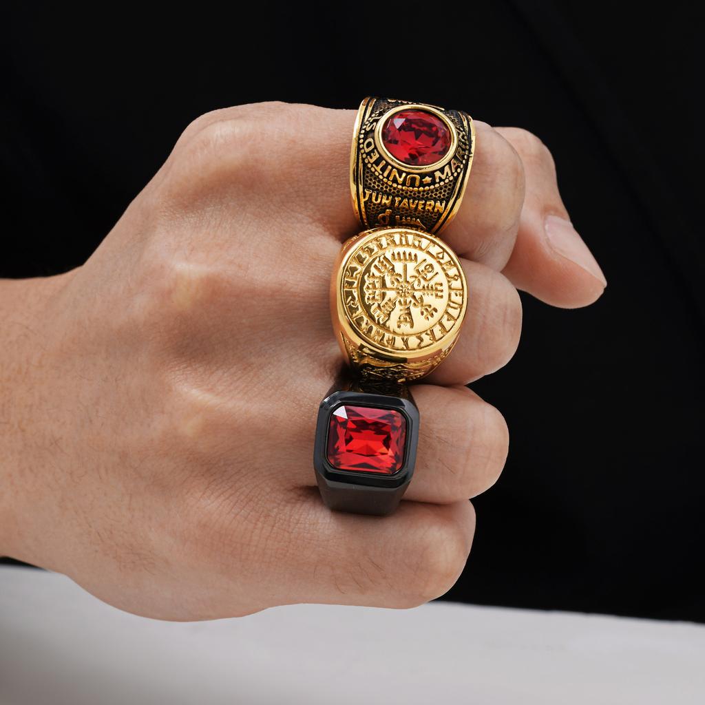 Vnox Punk Red CZ Stone Ring for Men, Gold Plated Stainless Steel Finger Band, Gothic Rock Square Metal Round Ring Jewelry Gifts