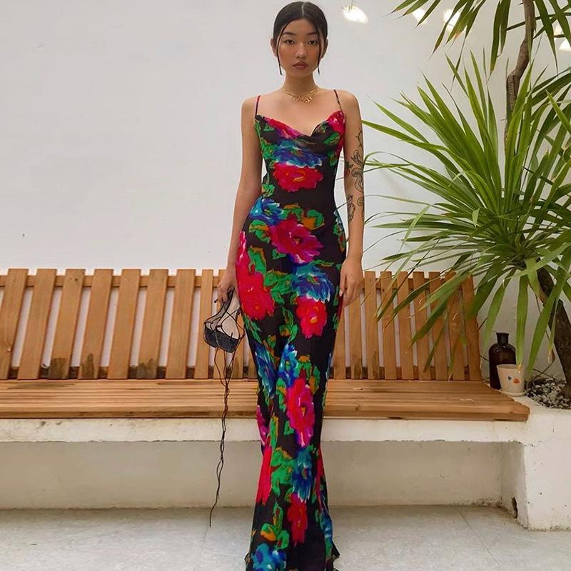 

European and American summer women s clothing retro printing suspender dress vacation wind swinging collar sexy beach dress S