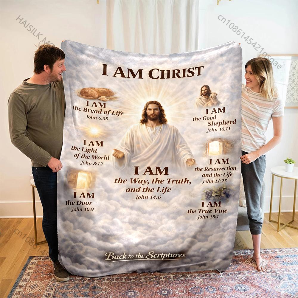 Jesus Symbolic Depictions with Verses Print Believer Pray Blanket Warm Soft Flannel Material Suitable for All Seasons Gift