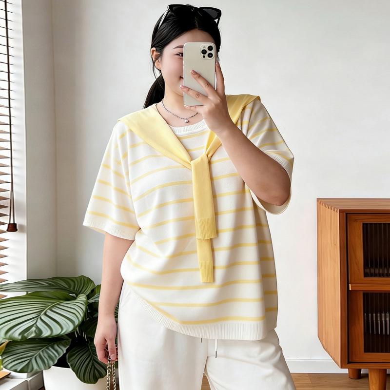 

2026 Spring/Summer Plus Size Women s Slim-Fit Shawl Knit Short-Sleeve Two-Piece Set 3XL жовтий