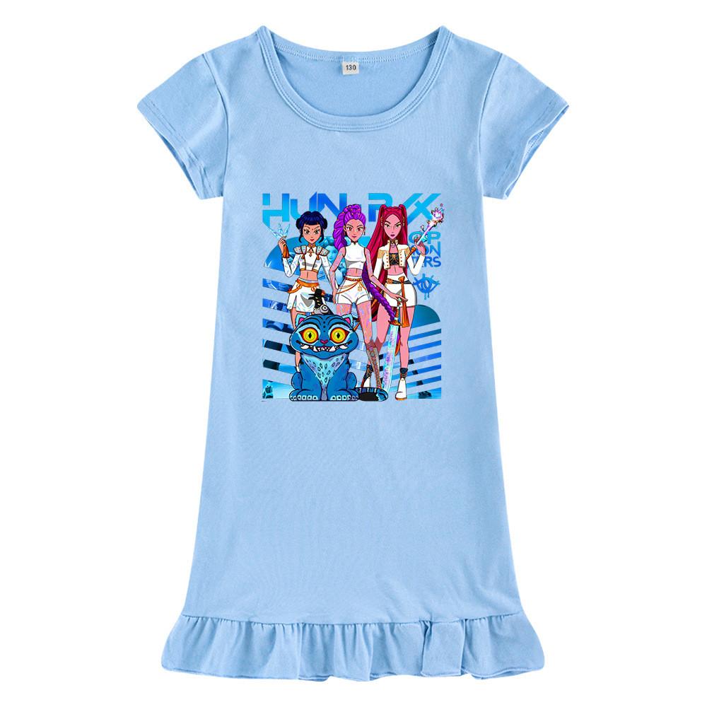M1231 Kids Girls Kpop Rumi Zoey Mira Print Short Sleeves Ruffle Dress