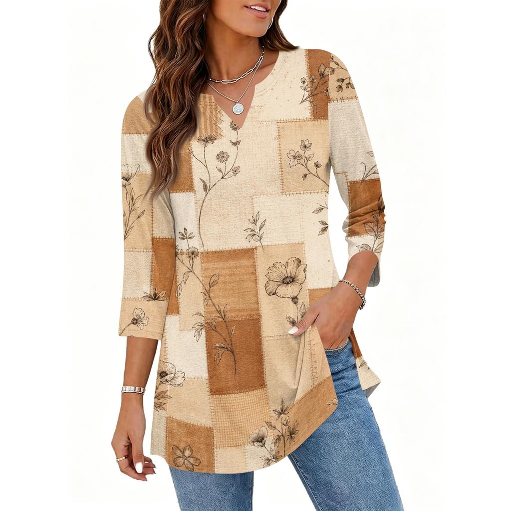 Womens Casual V Neck 34 Sleeve Pullover Tunic Top Floral Print Loose Fit Mid Length Blouse for Daily Wear