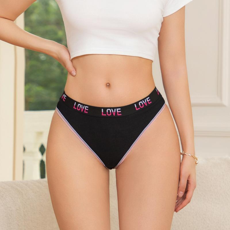 FINETOO 4 stk Dame Bomull Ribbestrikket Stripete Undertøy Sexy Bokstavbelte Tanga Komfortabel Elastisk Truser Jenter Mykt Sportsundertøy