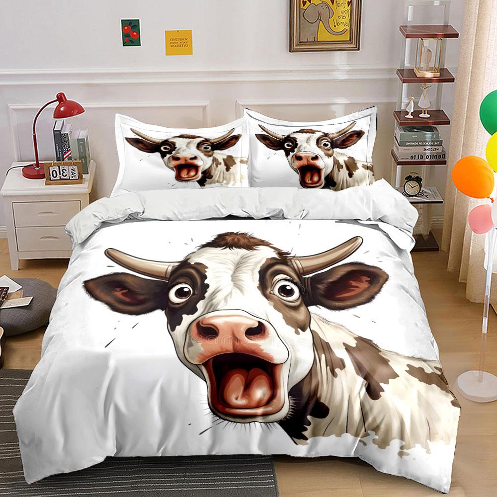 Surprised cow with wide-open mouth Print Bedding Set 1 Duvet Cover 2 Pillowcases for Adult and Children Luxury Gift Full Size