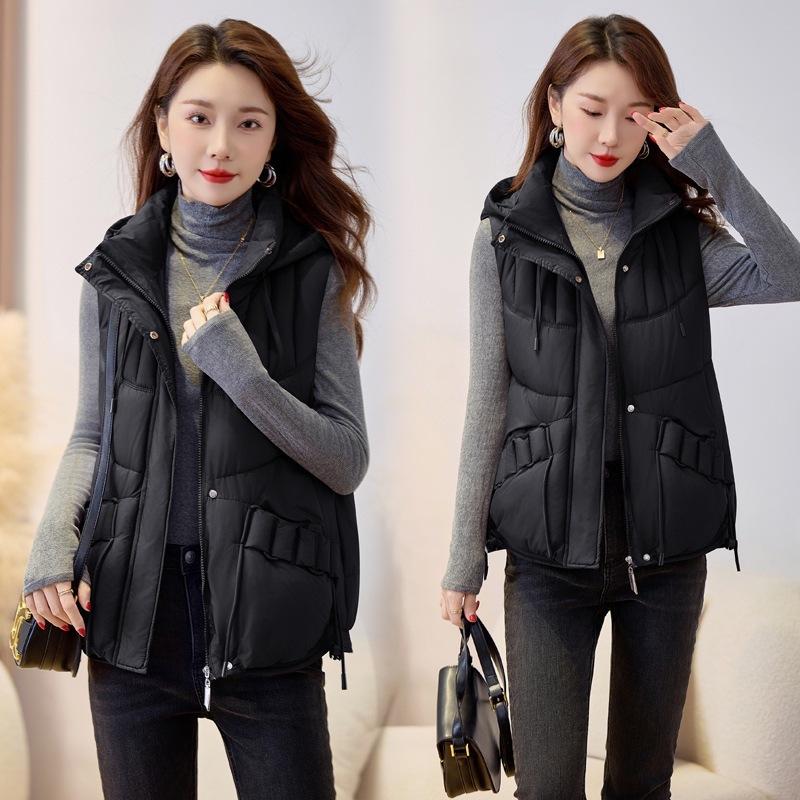 Short Hooded Down Cotton Vest Women's Autumn and Winter New Loose Versatile Cotton Vest Outer Wear Cotton Vest