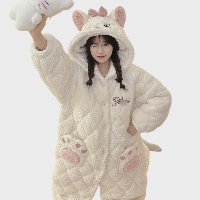 Dámská prošívaná flanelová pyžamová souprava: Hustá bunda s kapucí, zimní noční košile, župan a kalhoty ve velké velikosti