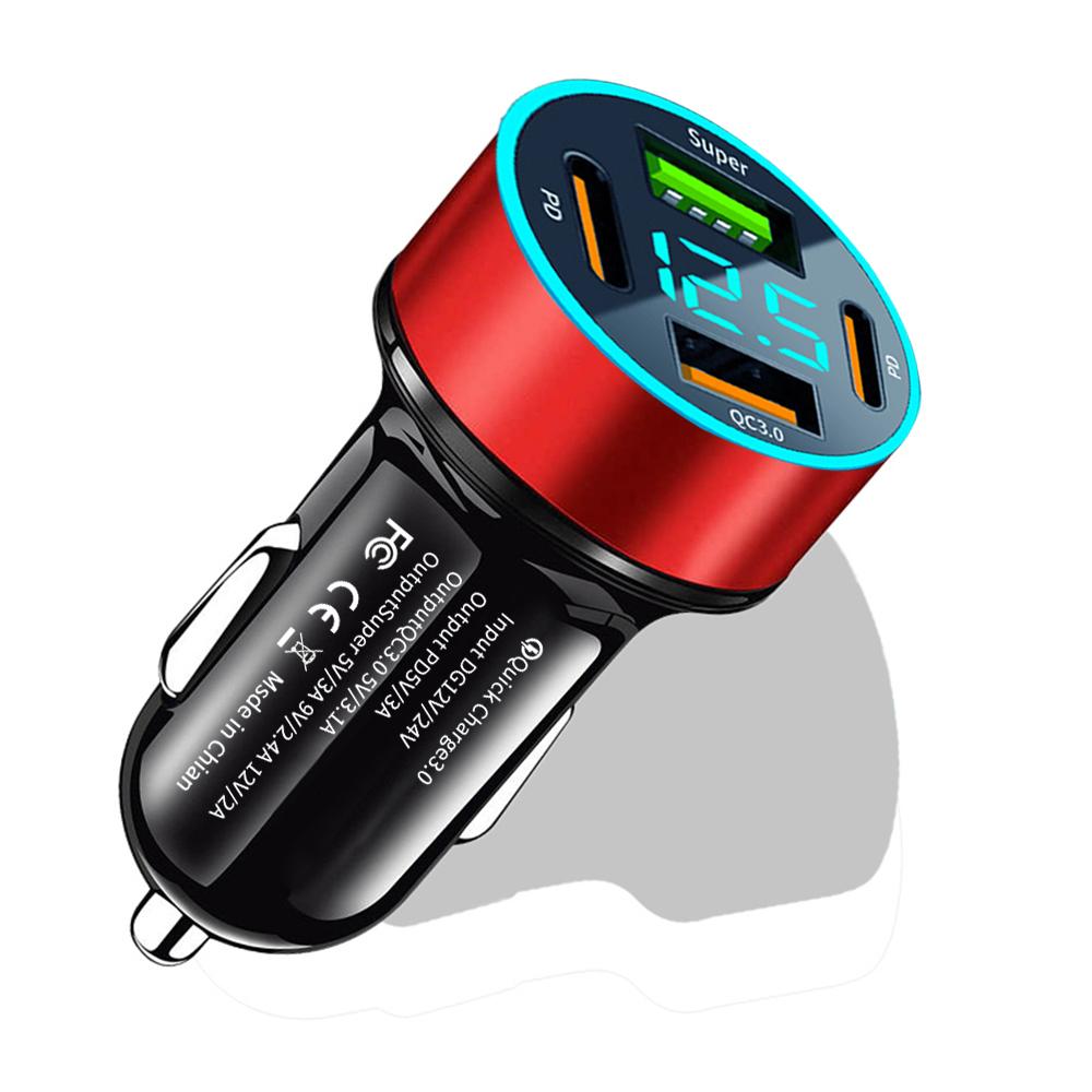

USB C Car Charge Muti 4 Ports PD Type C QC3.0 Fast Charging Mobile Phone Car Adapter LED Digital Display for Iphone 15 Xiaomi 14 Red