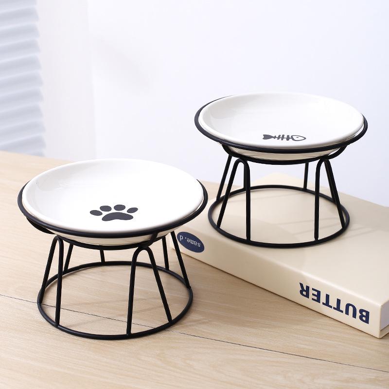 Creative Ceramic Pet Bowl with Stand - Cat Paw & Fish Bone Design for Cats and Dogs