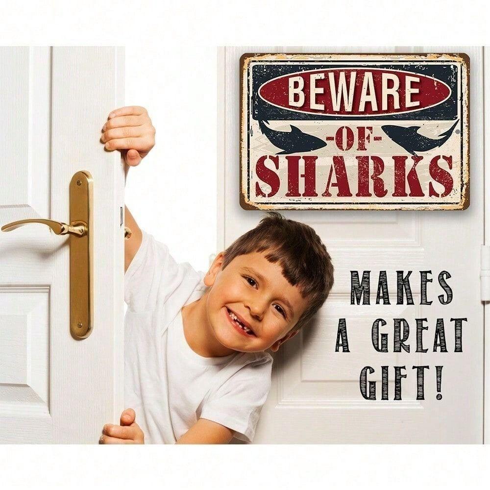 Metal Poster Predator Shark Warning Sign for Beach House Wall Decor
