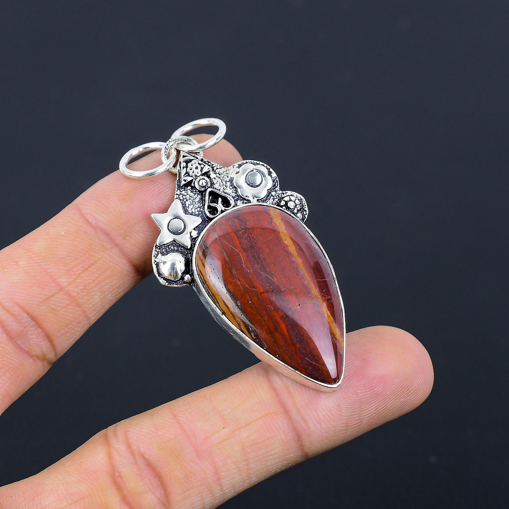 

Натуральный Яшма Змеиная Кожа Камень Подвеска Красный 925 Стерлинговое Серебро Индийские Украшения