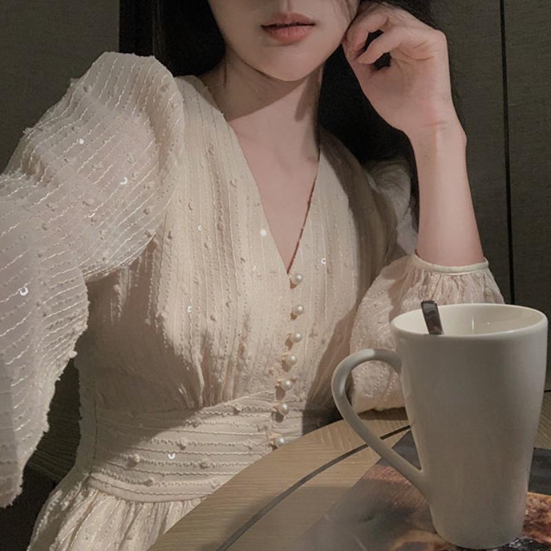 Vintage French Puff Sleeve Midi Dresses for Women Party Korean Sequins Dress Elegant Fairy Wedding Female Clothes Autumn 2024