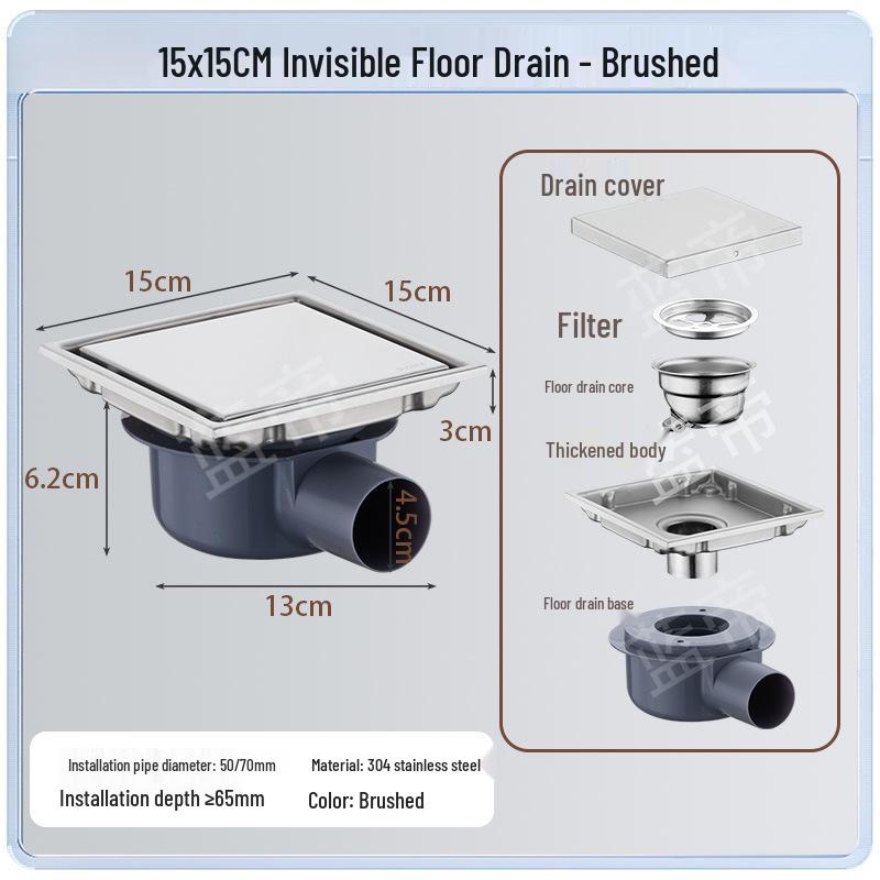 15x15 Odor-Proof Invisible Floor Drain, 304 Stainless Steel, Concealed for Bathroom or Shower Room
