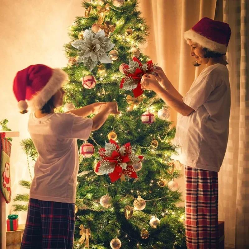 20/5PCS Artificial Glitter Christmas Flowers with Clip Xmas Tree Hanging Ornament Fake Flower New Year Party Home Decor Supplies
