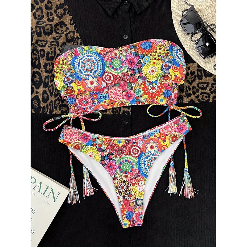 

Sexy Flowers Printed Tassel Frilled Bikini Women Swimwear Female Swimsuit Two-pieces Bikini Set Bather Bathing Suit Swim L разноцветный