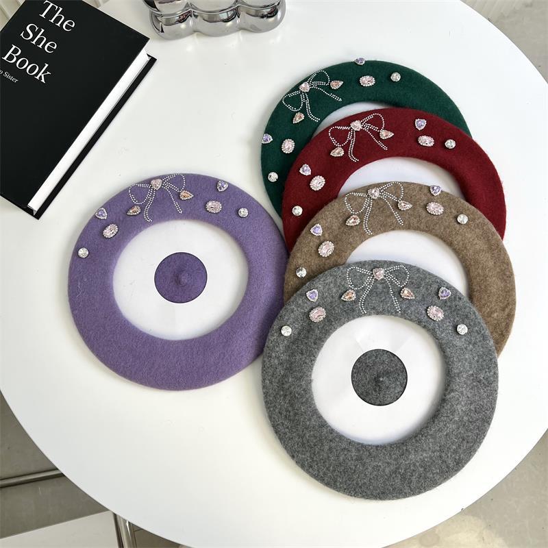 Sweet Girl Bow Beret Korean Style Big Head Woolen Hat Painter Hat Rhinestone Western-Style Fashion Octagonal Hat