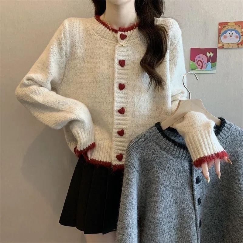 Women Sweater Coat Autumn Winter Design Color Block Heart Button Knit Cardigan Short Sleeve Top