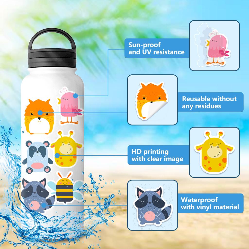 50 Round Animal Stickers Cute Cartoon Fun Round Animal Stickers Graffiti