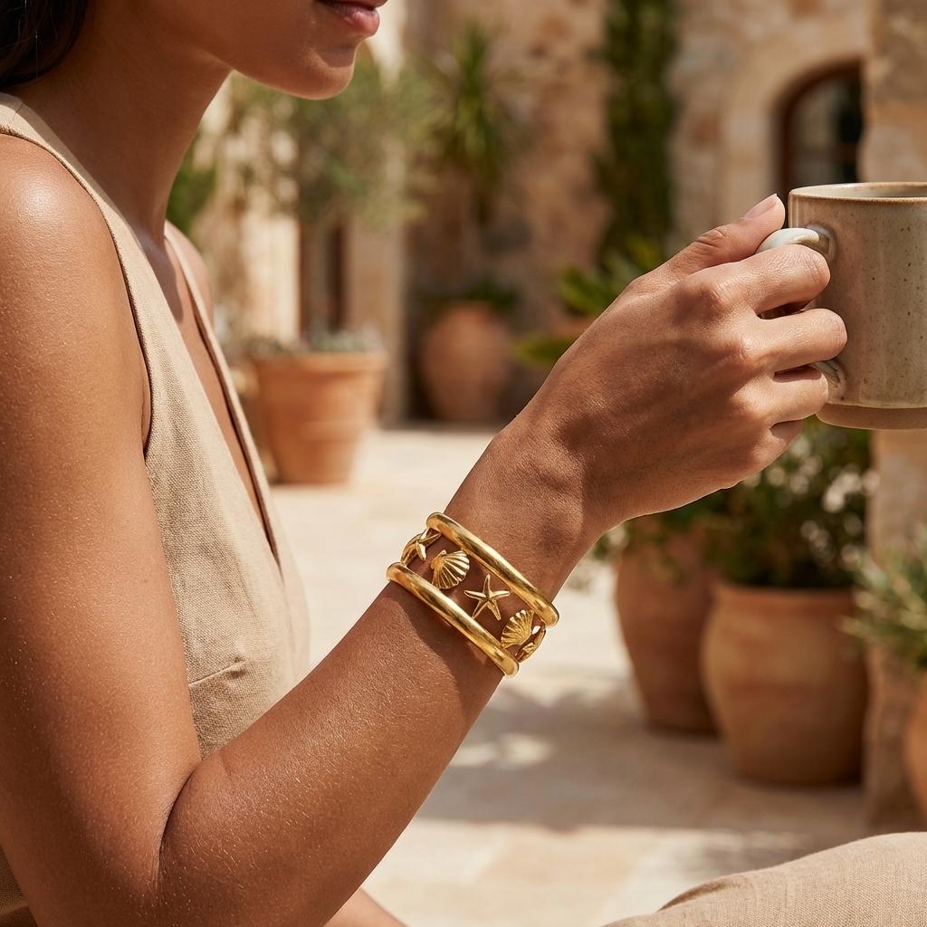 Klobbandarmband aus Edelstahl mit Seestern und Muschel für Damen Hohlmuschel Offener Armreif Sommer Strandurlaub Schmuck Geschenk