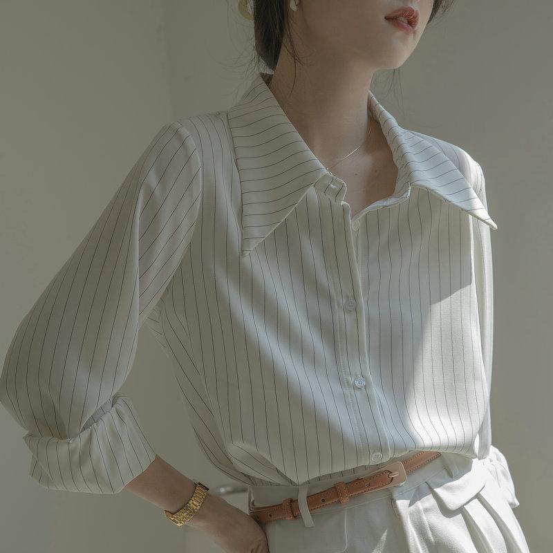 1116 New French Chic Striped Long Sleeve Shirt Women's Design Niche Commuter Professional Shirt Top