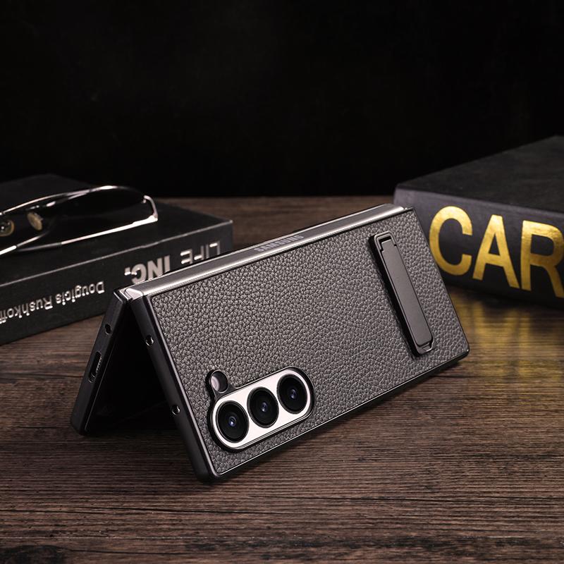 For Samsung Galaxy Z Fold 6 Case Luxury Lichee Pattern PU Leather Metal Back Kickstand Protective Folding Cover for Z Fold 6