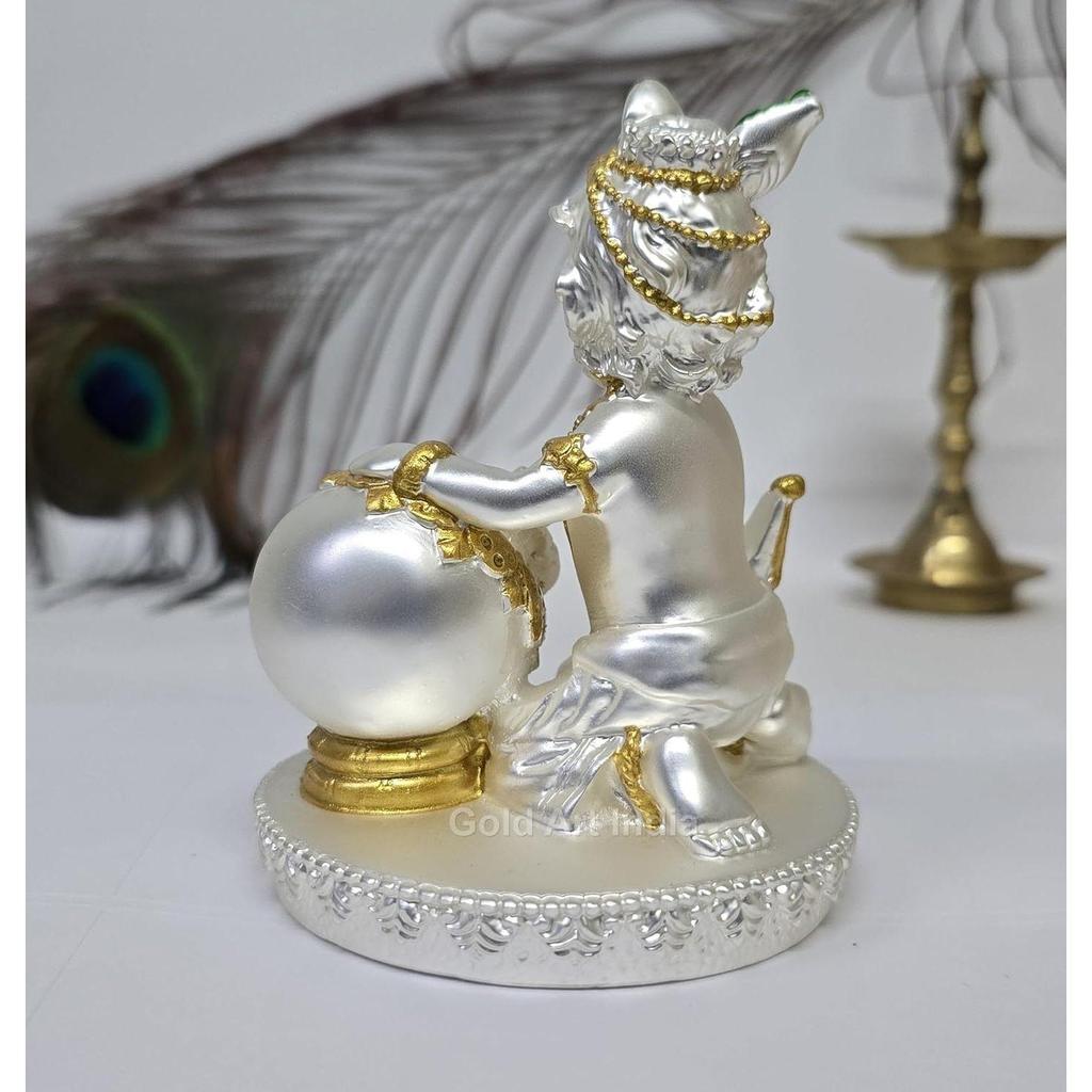 Makhan Krishna Silver Plated Matte Finish Idol | Home Decor | Makhan Chor Idol | Laddu Gopal for Gifting | Krishna Statue