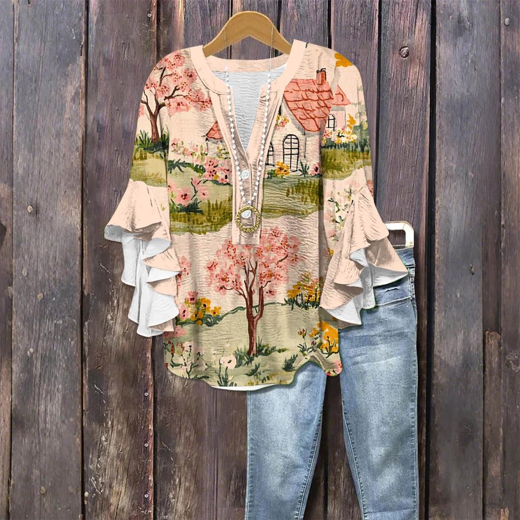 Women's Fashion Casual Button V-Neck Seven Sleeve Vintage Printed Shirt Top