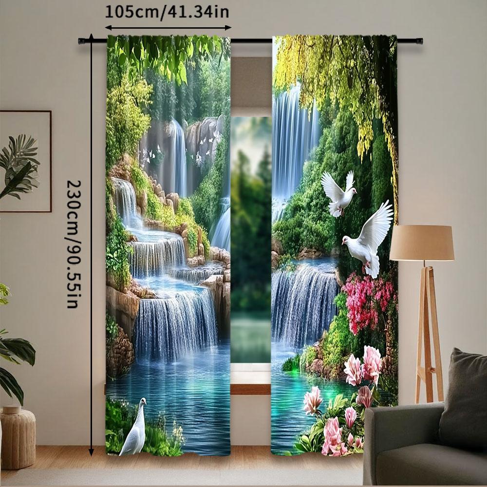 2Pcs Beautiful Forest Waterfall Landscape Curtain Vivid Nature Curtain Suitable For Bedroom Bathroom Living Room Dining Room