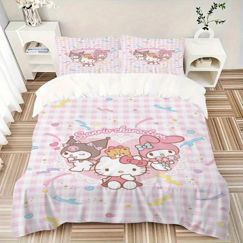 3pcs Grid My Melody Hello Kitty Kuromi Bedding Set - Includes 1 Quilt Cover and 2 Pillowcases, Comfortable Bedding with Stylish Design for B