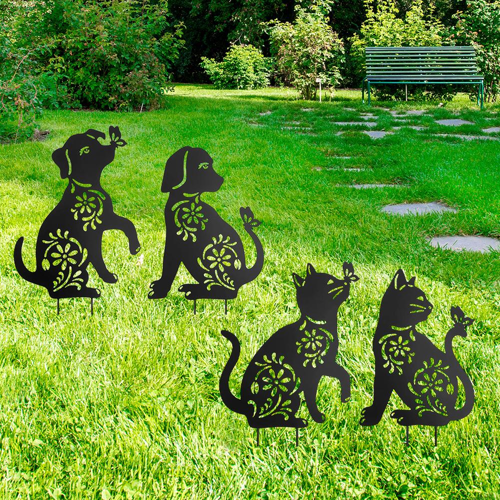 2Pcs Animal Silhouette Stakes Black Animal Stakes Decorative Animal Stakes Cat Dog Stake Ornament Outdoor Decoration