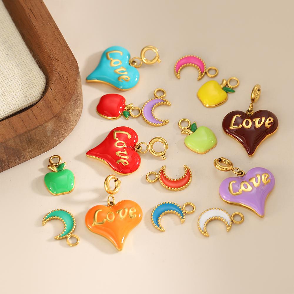CARLIDANA Fashion Moon-shaped Multi-color Oil-dripping Gold Plated Stainless Steel Pendant Heart Apple Accessories DIY Jewelry