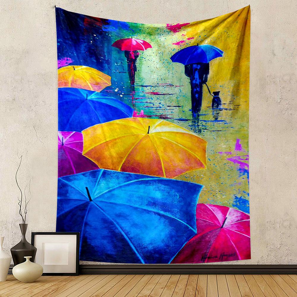 Colorful Umbrellas in Rainy Street Art Patterned tapestry home decor, suitable for bedroom and living room, gift
