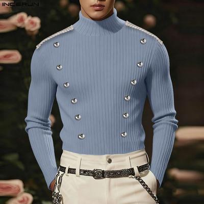 Spring Men's High Neck Long Sleeve Buttons Decorative Fitted T-shirts Tops Undershirts