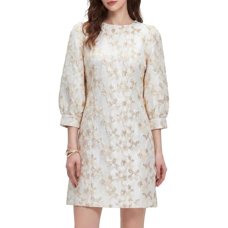 2026 Summer Jacquard Bubble Sleeve Premium Lazy Straight Mini Elegant Flower Dress XS