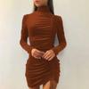Damen Locker Lässig Einfarbig Kordelzug Hoher Kragen Kleid Mit Langen Ärmeln Und Eng Anliegendem Hüftbetonendem Kleid